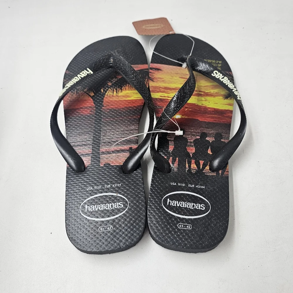 Havaianas Hype Massaguacu Beach Sunset Graphic Flip Flops Black Sz 41/42 NWT